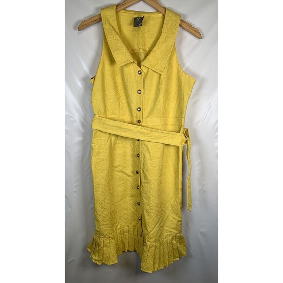 Taylor Yellow Sleeveless Gold Button Ruffle Basket Weave Knee Length Dress 8 - Picture 1 of 15
